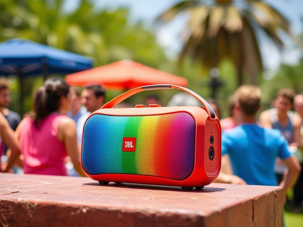 Generate an image of the JBL Go4 Portable Speaker in a vibrant outdoor setting.