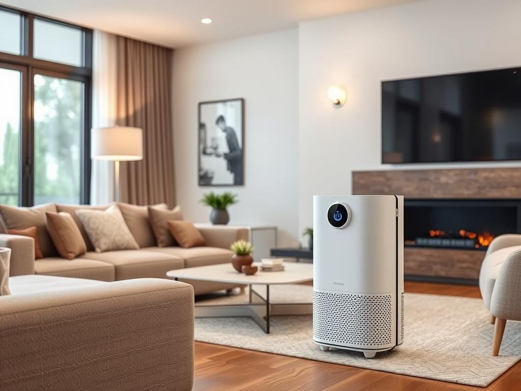 Generate an image of the Pure Enrichment PureZone Mini Portable Air Purifier in a modern living room setting.