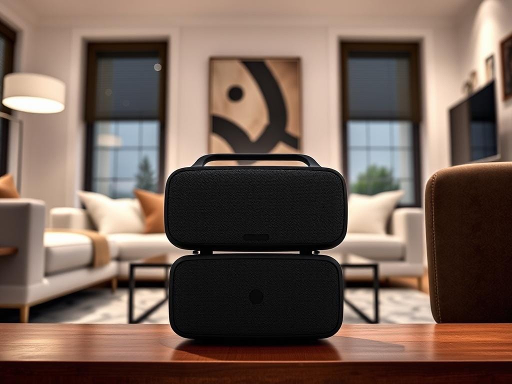 Generate an image of the Soundcore Motion X600 Bluetooth speaker in a modern living room setting.