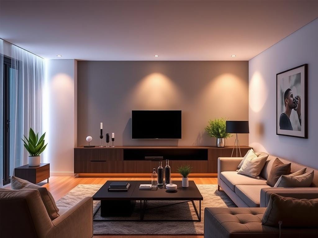 Generate an image of the TP-Link Tapo Smart Wi-Fi Light Strip installed in a living room.