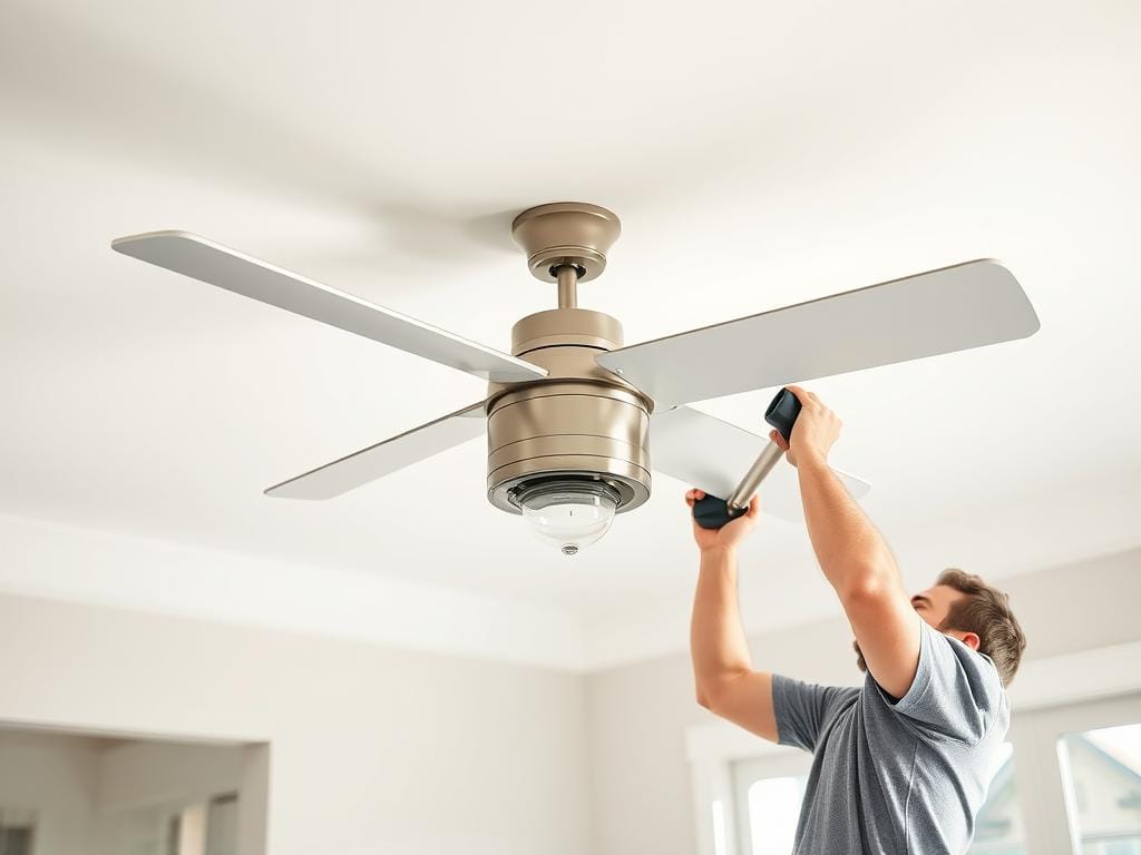 A bright, well-lit interior showcasing the installation of a smart home ceiling fan. The fan is mid-installation, with the homeowner carefully mounting the sturdy metal base to the ceiling, using modern tools and equipment. The wiring and control panel are visible, hinting at the fan's connectivity and smart features. The room is airy and spacious, with clean lines and neutral tones that complement the sleek, contemporary fan design. Soft shadows and natural lighting create a sense of depth and dimension, highlighting the smooth, seamless integration of the fan into the home's architecture. An atmosphere of effortless home improvement and technological advancement pervades the scene.