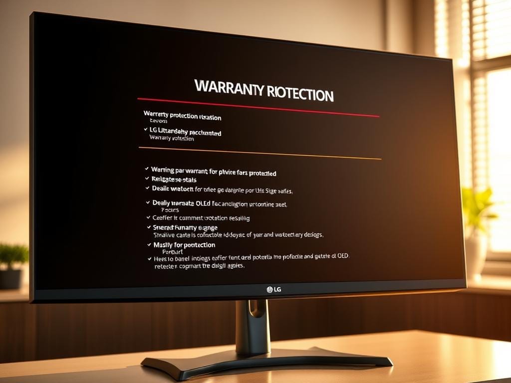 A close-up shot of an LG Ultragear OLED gaming monitor, with the screen displaying a detailed warranty protection plan. The monitor is positioned on a sleek, modern desk, bathed in warm, natural lighting that accentuates the deep blacks and vibrant colors of the OLED panel. The foreground features the monitor's screen prominently, showcasing the warranty information in a clean, well-organized layout. The middle ground includes the monitor's elegant, bezel-less design, and the background depicts a minimalist, office-like setting with subtle hints of technology and professionalism. The overall scene conveys a sense of reliability, quality, and the peace of mind that the LG Ultragear OLED's warranty protection provides for dedicated gamers.