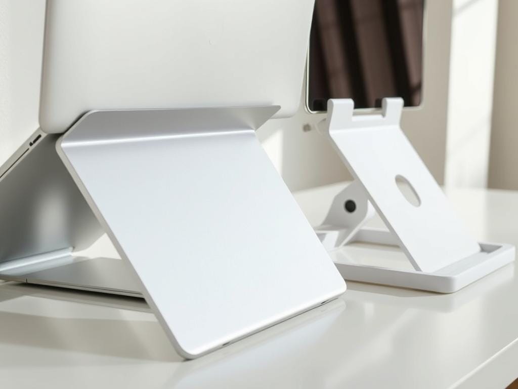 A close-up view of two laptop stands, one made of aluminum and the other of plastic, positioned side by side on a white desk. The aluminum stand has a sleek, metallic finish with a sturdy, well-crafted design, while the plastic stand appears more basic in construction. Soft, natural lighting illuminates the scene, highlighting the distinct material properties and build quality of the two stands. The image conveys a sense of comparison, inviting the viewer to evaluate the relative merits of the aluminum and plastic options in terms of durability, stability, and overall aesthetic appeal.