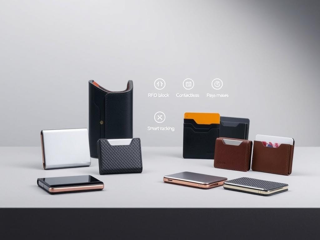 A collection of compact, technologically-advanced smart wallets displayed in a sleek, minimalist setting. In the foreground, an array of small, slim wallets in various colors and materials - metal, leather, and carbon fiber - showcasing their slim, streamlined profiles. In the middle ground, a thoughtful arrangement of wallet features such as RFID-blocking, contactless payment capabilities, and smart tracking. The background is a clean, neutral backdrop, allowing the wallets to take center stage and emphasize their modern, sophisticated design. Soft, directional lighting accentuates the textures and finishes, creating a sense of elegance and attention to detail.
