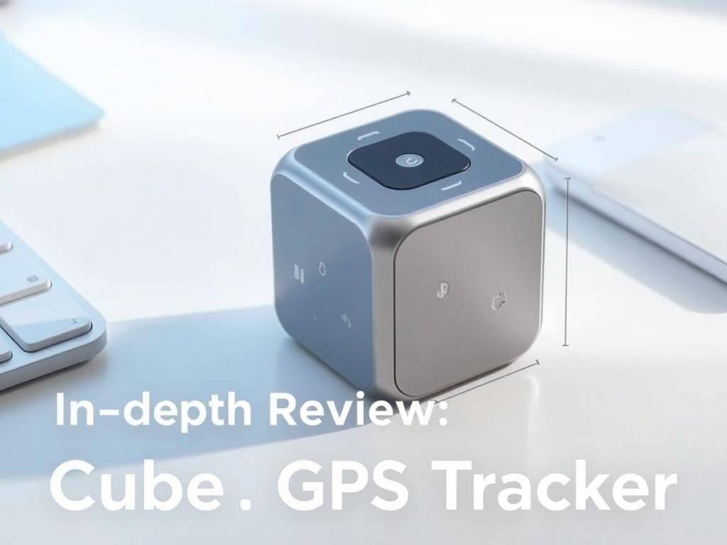 A cube-shaped GPS tracker with a sleek, modern design sits on a clean, minimalist desk. The device's specifications are clearly visible, showcasing its dimensions, weight, and key features like Bluetooth connectivity and long-lasting battery life. Soft, directional lighting highlights the tracker's smooth metallic surfaces, creating depth and texture. The image has a technical, informative atmosphere, intended to provide a detailed visual reference for the "In-Depth Review: Cube GPS Tracker" section of the article.
