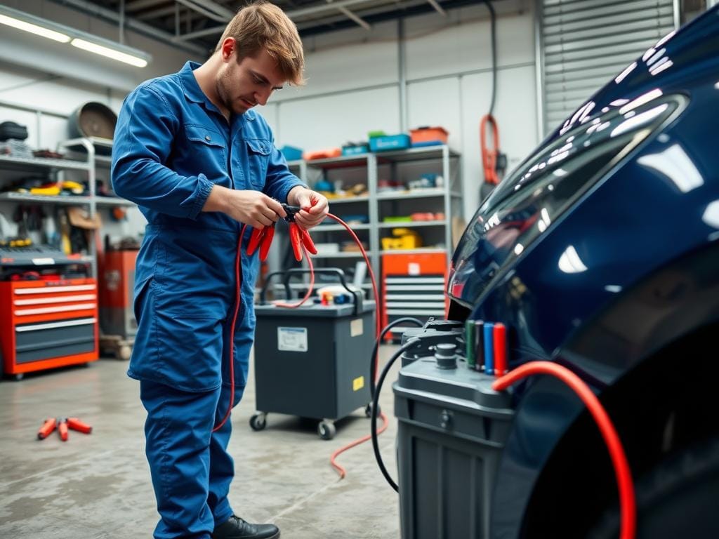 A detailed automotive workshop scene showcasing proper safety procedures for using a jump starter. In the foreground, a mechanic in a blue jumpsuit carefully attaches jumper cables to a car battery, following step-by-step instructions. In the middle ground, various automotive tools and equipment are neatly organized, conveying a sense of order and safety. The background features a well-lit, clean workshop environment with concrete floors and metal shelving, creating a professional, technical atmosphere. The lighting is bright and directional, highlighting the key actions and emphasizing the importance of following safety protocols when jump starting a vehicle.