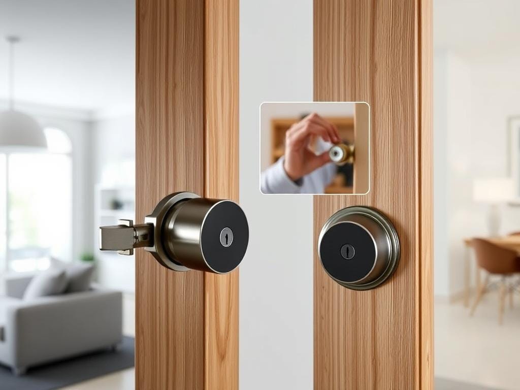A detailed, high-quality image of the Schlage Encode Smart WiFi Deadbolt installation process, showcasing the product in a well-lit, clean, and modern setting. The foreground should feature the deadbolt lock mechanism and the installation process, with a clear view of the components and steps involved. The middle ground should include a close-up of the deadbolt being installed on a wooden door frame, with attention to the fit and finish. The background should depict a minimalist, contemporary interior design, emphasizing the seamless integration of the smart lock into a sleek, high-tech home environment. The overall mood should convey a sense of simplicity, efficiency, and technological sophistication.