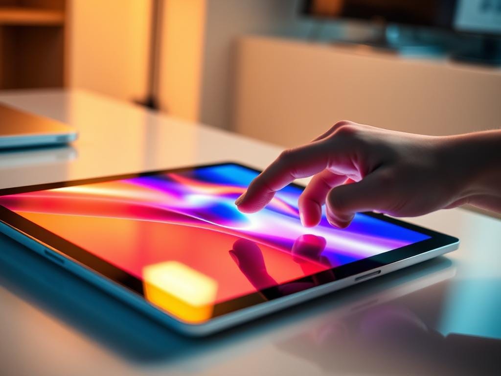 A dynamic digital display showcasing intuitive multi-touch gestures. A sleek, modern tablet or laptop rests on a minimalist desk, its screen illuminated with vibrant colors. Fingertips glide across the surface, executing smooth pinch-to-zoom, swipe, and tap commands. Subtle shadows and highlights accentuate the tactile interplay between user and device, creating a sense of seamless interaction. The scene is bathed in warm, ambient lighting, conveying a productive, focused atmosphere. The overall composition emphasizes the effortless user experience and heightened productivity enabled by the responsive touchscreen interface.