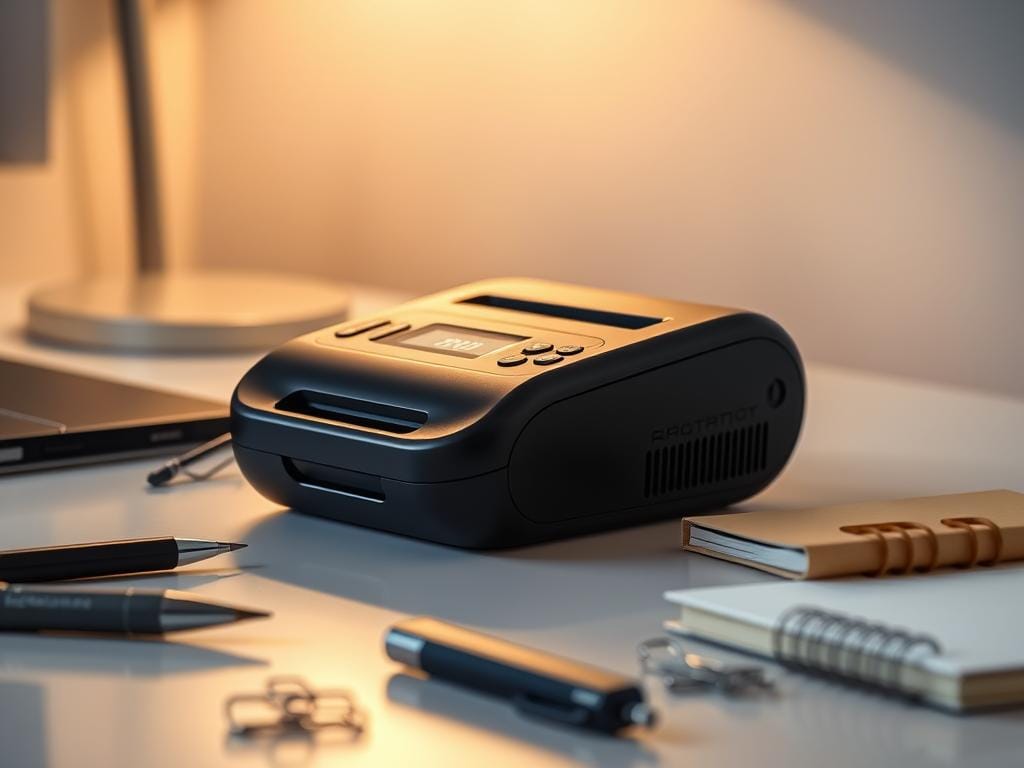 A handheld inkjet printer rests on a modern, minimalist desk. The device is sleek and compact, with a matte black finish and rounded edges. It has clearly labeled control buttons, an LCD display, and a paper feed slot. The printer is illuminated by soft, indirect lighting, creating a warm, professional atmosphere. In the foreground, various office supplies like pens, clips, and a notebook are neatly arranged, suggesting the printer's versatility and portability. The background is blurred, keeping the focus on the key features of the printer itself.