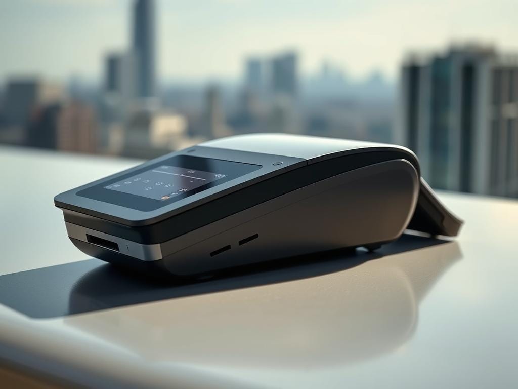 A handheld inkjet printer with a sleek, modern design rests on a smooth, reflective surface. The printer's front panel showcases its intuitive touchscreen interface, while the side profile reveals a compact, portable form factor. Carefully positioned lighting casts subtle shadows, highlighting the printer's clean lines and textured accents. In the background, a softly blurred cityscape provides a sense of place, suggesting the versatility of this handheld device for on-the-go printing needs. The overall composition conveys the printer's user-friendly features and the convenience of portable printing.