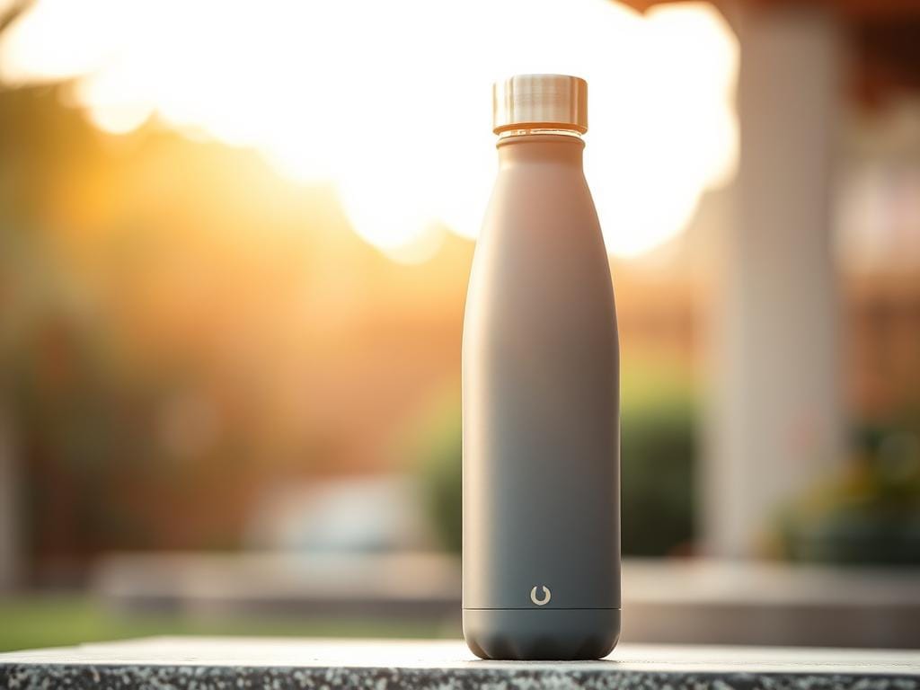 A handsome, non-tech hydration bottle stands prominently in the frame, its smooth, matte surface catching the warm, natural light. The bottle's simple, elegant design features a sleek, ergonomic shape and a high-quality metal cap, conveying a sense of durability and timelessness. In the background, a softly blurred natural setting, perhaps a serene garden or a tranquil outdoor space, adds to the calming, organic atmosphere. The overall composition emphasizes the bottle's practicality and thoughtful, non-technological design, making it the perfect companion for a mindful, hydration-focused lifestyle.