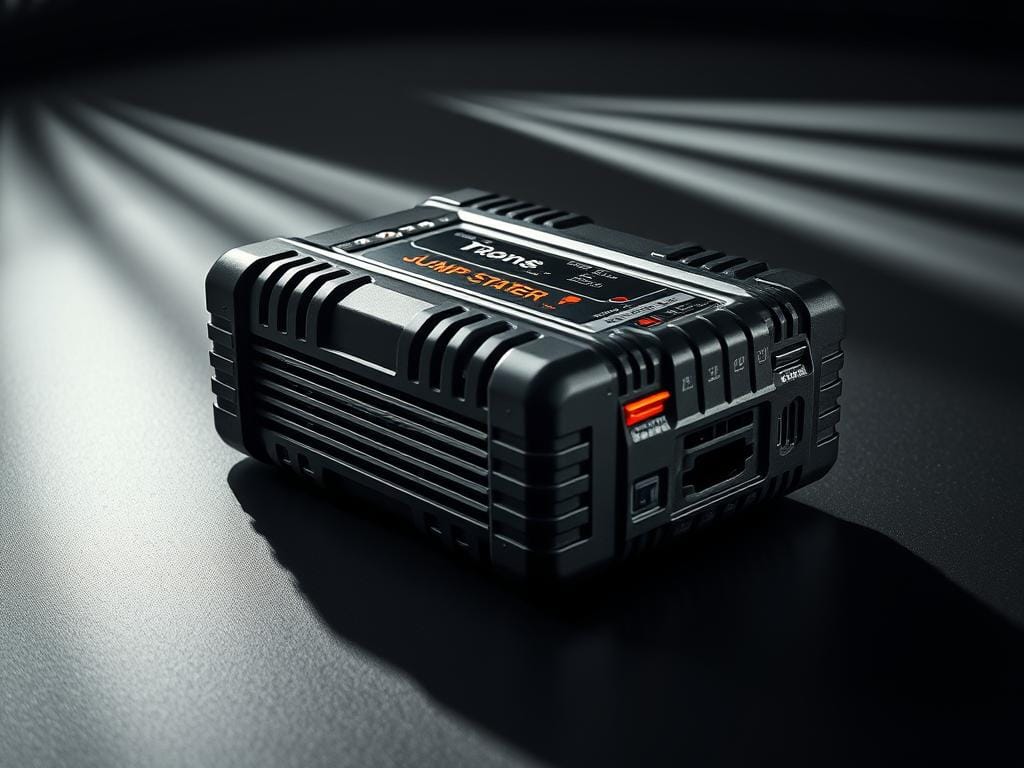 A high-powered automotive jump starter rests on a sleek, matte black surface, its sturdy metallic casing and robust design exuding a sense of industrial reliability. Intense beams of light from multiple angles create dramatic shadows, highlighting the jump starter's intricate details and controls. The overall mood is one of precision engineering and rugged utility, perfectly suited for the demanding task of reviving a dead car battery. The scene is captured with a wide-angle lens, emphasizing the jump starter's substantial presence and commanding presence within the frame.