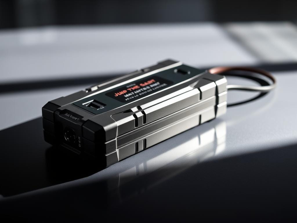 A high-quality automotive jump starter resting on a sleek, black surface. Its sturdy metal casing and prominent clamps convey a sense of power and reliability. Soft lighting illuminates the device, casting subtle shadows that accentuate its professional-grade design. The jump starter is positioned at a slight angle, allowing for a detailed, three-quarter view that showcases its rugged construction and intuitive controls. The background is blurred, keeping the focus on the jump starter as the central subject. This image captures the essence of a dependable, top-rated tool that can reliably get a car back on the road.