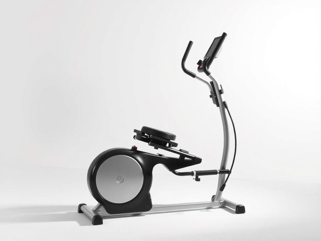 A high-quality seated elliptical machine, the Stamina InMotion E1000 is prominently displayed in a well-lit studio setting. The elliptical's sleek, compact design is showcased against a minimalist white background, highlighting its discreet and space-saving profile. The machine's polished steel frame and smooth, fluid motion are captured in detail, conveying its durability and efficient performance. Subtle ambient lighting casts gentle shadows, accentuating the elliptical's clean lines and modern aesthetic. The image exudes a sense of simplicity and functionality, visually communicating the device's suitability for discrete, under-desk use to improve fitness effortlessly.