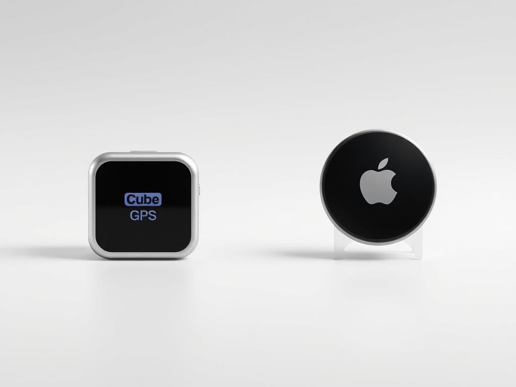 A highly detailed, photorealistic side-by-side comparison of a Cube GPS tracker and an Apple AirTag, showcased against a clean, minimalist background. The GPS tracker is prominently displayed on the left, its sleek design and digital display highlighted by soft, even lighting. The AirTag on the right features its iconic circular shape and subtle Apple branding, captured from a slightly elevated angle. Both devices are presented at the same scale, allowing for a clear visual analysis of their size, shape, and technological differences. The image conveys a sense of technical precision and objectivity, suitable for illustrating the comparative section of the article on key tracking solutions.