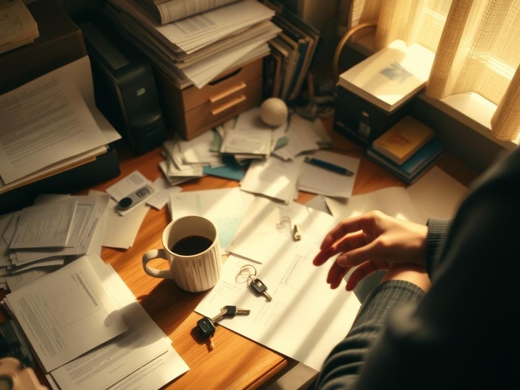 A messy desk with scattered papers, a half-empty coffee mug, and a frustrated person frantically searching for a set of misplaced keys. The lighting is warm and slightly hazy, casting soft shadows that accentuate the disarray. The camera angle is slightly elevated, providing a bird's-eye view of the scene, conveying a sense of helplessness and the overwhelming task of locating the lost items. The atmosphere is one of mild panic and the universal experience of the dreaded "where did I put my keys?" moment.