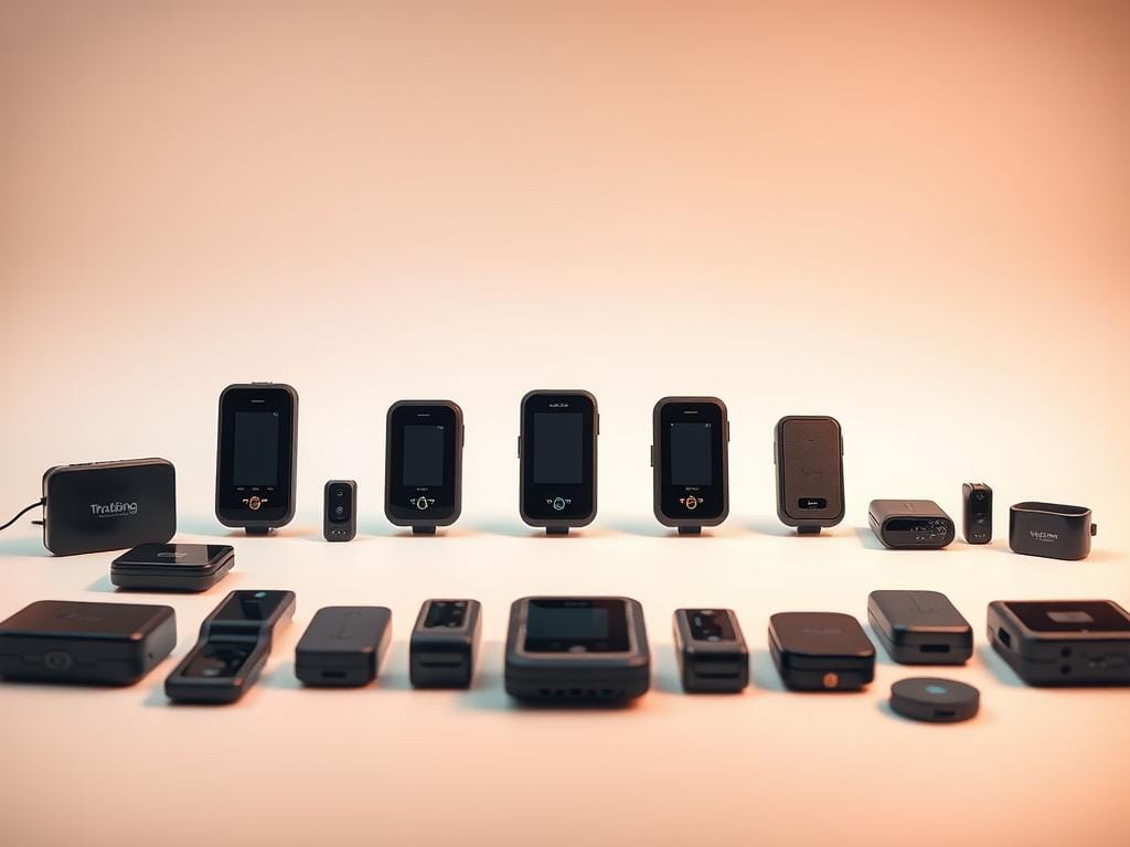 A meticulously arranged still life showcasing an array of innovative tracking devices against a clean, minimalist backdrop. The foreground features a diverse collection of sleek, cutting-edge trackers in various shapes and sizes, each with a distinct design aesthetic. The middle ground highlights the technical specifications and capabilities of these devices, conveying their advanced functionality through subtle visual cues. The background maintains a soft, neutral tone, allowing the tracking devices to take center stage and command the viewer's attention. Warm, directional lighting accentuates the refined textures and details of the products, creating a sense of sophistication and technological prowess. The overall composition and atmosphere evoke a sense of precision, innovation, and the power of modern tracking solutions.
