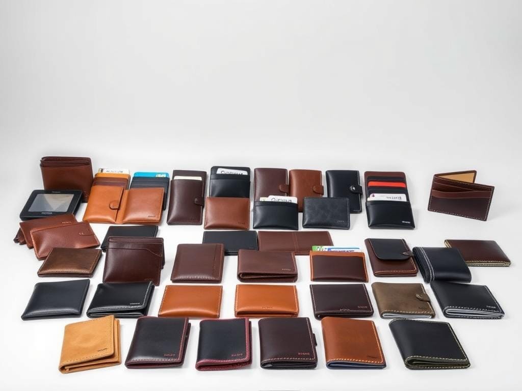 A meticulously crafted display of assorted, high-quality wallets in a minimalist, well-lit studio setting. The foreground showcases a variety of stylish, slim wallets in different materials like leather, canvas, and vegan leather, arranged in an appealing, symmetrical layout. The middle ground features a range of bifold and trifold wallets in classic and contemporary designs, highlighting their functionality and versatility. The background is a clean, white backdrop, allowing the wallets to take center stage and emphasize their value propositions. The lighting is soft and evenly distributed, creating a sense of sophistication and attention to detail. The overall composition conveys a sense of practicality, durability, and thoughtful design, perfectly suited for the "Best Value Smart Wallet for Every Budget" section.