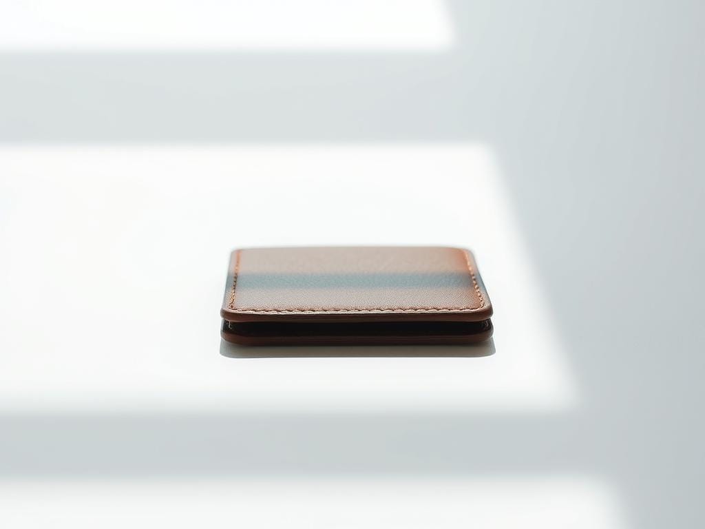 A minimalist, high-quality leather wallet resting on a clean, white surface. The wallet is slim and streamlined, with a subtle texture and muted, earthy tones. The lighting is soft and diffused, accentuating the material's natural beauty and creating gentle shadows that add depth and dimension. The composition is centered, allowing the wallet to be the sole focus, exuding a sense of elegance and practicality. The overall mood is one of simplicity, sophistication, and a commitment to functional design.