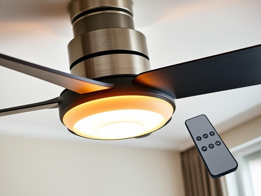 A modern ceiling fan with a sleek, minimalist design, showcasing an integrated LED light and a high-tech remote control. The LED light emits a warm, ambient glow, casting a cozy atmosphere throughout the room. The remote control, with its intuitive interface and touch-sensitive buttons, allows for seamless adjustment of the fan speed, light intensity, and oscillation. The fan's body is crafted from a combination of brushed metal and matte black finish, blending effortlessly with the contemporary decor. A slightly elevated angle captures the harmonious integration of the lighting and control features, highlighting their seamless functionality in a smart, modern home setting.