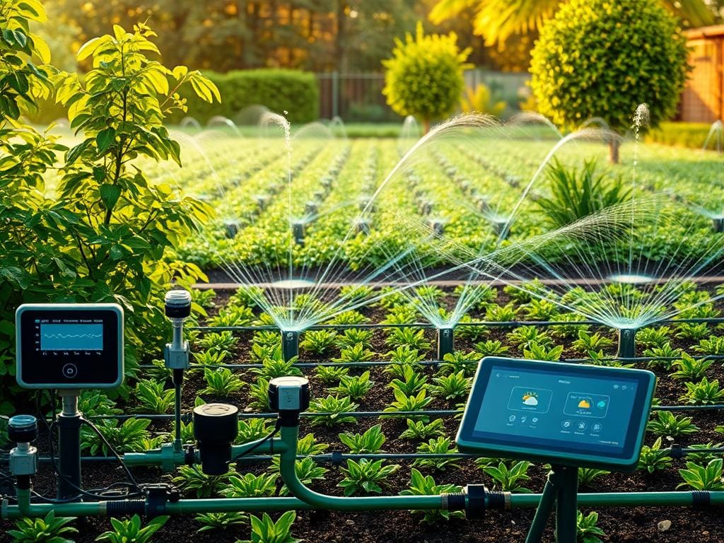 A modern, high-tech smart irrigation system set against a backdrop of lush, verdant foliage. In the foreground, various connected sensors and controllers monitor soil moisture, weather conditions, and water usage, all linked to a sleek, touchscreen control panel. The middle ground features precision sprinklers and drip irrigation lines, arranged in an efficient, grid-like pattern. In the background, a panoramic view of a well-manicured, sustainable garden, illuminated by warm, diffused natural lighting, creating a sense of harmony between technology and nature. The overall scene conveys a vision of intelligent, water-conserving irrigation that seamlessly integrates with the surrounding environment.