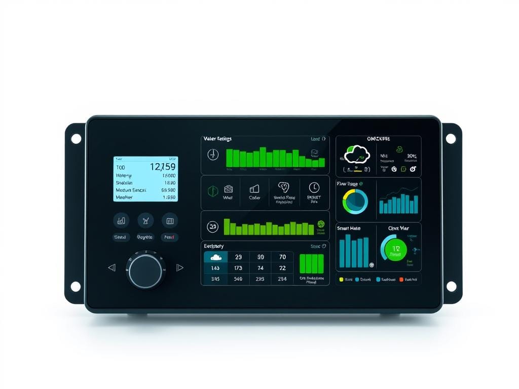 A modern irrigation controller with a sleek, touch-screen interface set against a minimalist, white background. The foreground features an intuitive control panel with adjustable settings for watering schedules, moisture sensors, and flow rate monitoring. The middle ground showcases a comprehensive display highlighting detailed metrics such as water usage, weather data, and smart home integration. The background subtly suggests an energy-efficient, smart home ecosystem with subtle, ambient lighting and clean, architectural lines.
