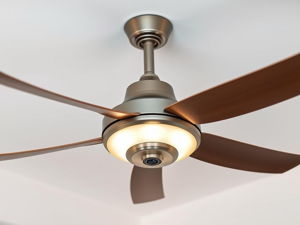 A modern, sleek ceiling fan with stylish, curved blades gracefully rotating against a bright, minimalist backdrop. The fan's housing is a striking metallic finish, complemented by a contemporary remote control. Soft, diffused lighting emanates from the center, creating a warm, inviting ambiance. The scene is captured with a wide, high-angle lens, emphasizing the fan's elegant presence and harmonious integration within the serene, modern interior.