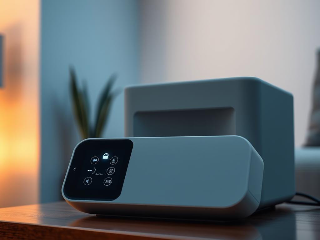 A modern smart home device with a minimalist, sleek design. In the foreground, a voice-activated control panel with illuminated icons and a responsive LED display. Subtle ambient lighting casts a warm glow, creating a sense of sophistication. The middle ground features a discreet speaker grille, seamlessly integrated into the device's clean, angular chassis. The background showcases a muted, neutral-toned interior, allowing the technology to take center stage. Crisp shadows and highlights accentuate the smooth, reflective surfaces, conveying a sense of advanced, reliable home safety and security.