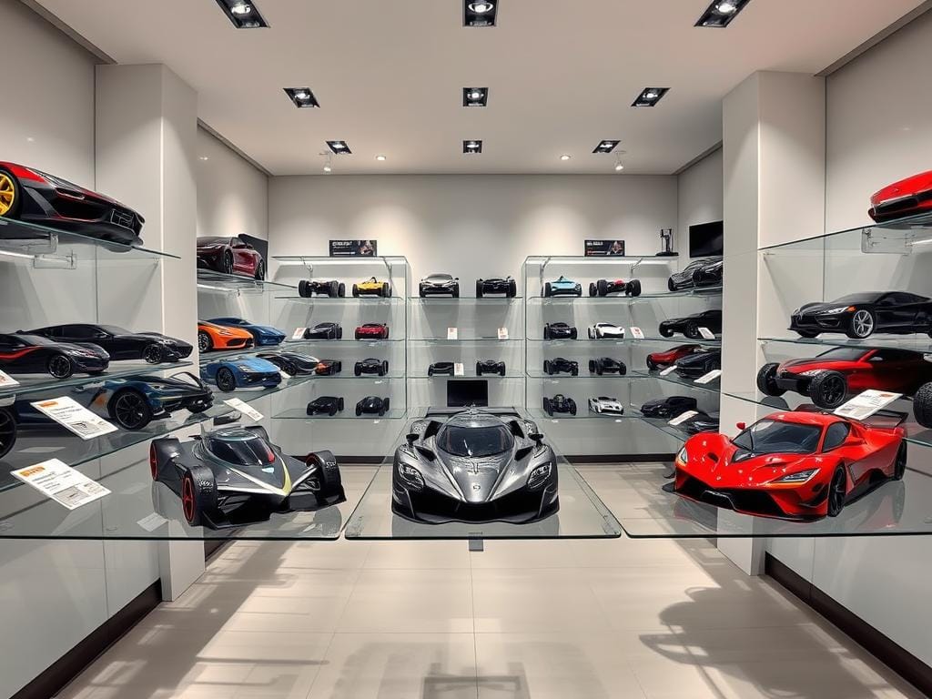 A modern, well-lit showroom with sleek, high-performance remote control vehicles prominently displayed on glass shelves. The foreground features an array of different models, each with its own unique design and color scheme, capturing the attention of potential buyers. In the middle ground, informative price tags and technical specifications are clearly visible, providing crucial details about the vehicles' capabilities and value. The background showcases a minimalist, clean-lined environment, accentuating the premium nature of the products. Crisp, directional lighting casts subtle shadows, enhancing the depth and dynamism of the scene, while a neutral color palette and reflective surfaces create an atmosphere of sophistication and exclusivity.