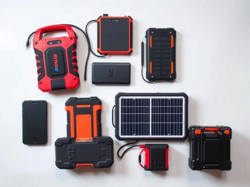 A neatly arranged array of various portable power solutions, including a compact automotive jump starter, a lightweight power bank, a rugged solar charger, and a durable battery pack. The scene is illuminated by soft, directional lighting, creating a clean, modern aesthetic. The devices are captured at an eye-level angle, allowing for a detailed examination of their features and design. The background is a simple, minimalist setting, allowing the products to take center stage and emphasize their practical and reliable nature, perfectly suited for the "Comparison with Other Portable Power Options" section of the article.