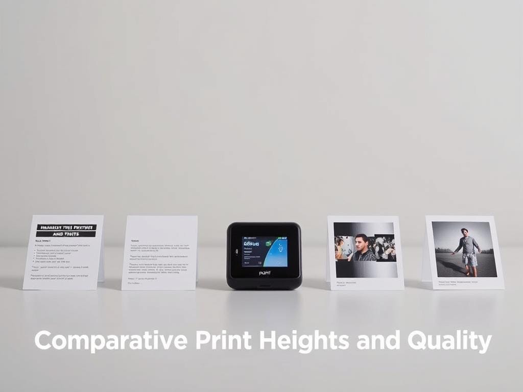 A neatly arranged display showcasing the print height capabilities of a handheld inkjet printer. In the foreground, several printed samples are meticulously positioned, allowing for a clear side-by-side comparison of the varying text and image heights. The middle ground features the handheld printer itself, captured at a slight angle to highlight its compact and portable design. The background maintains a clean, minimalist aesthetic, with a softly lit, muted tone that draws the viewer's attention to the central elements. The overall composition emphasizes the printer's versatility and the high-quality output it can produce, reflecting the "Comparative Print Heights and Quality" section of the article.