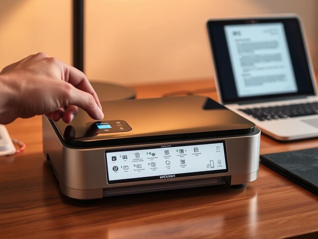 A portable inkjet printer sitting on a wooden desk, its sleek body reflecting the warm overhead lighting. Nearby, a person's hand manipulates the control panel, scrolling through settings and options. The printer's LED display shows various usage tips and information. In the background, a laptop or tablet displays a document, hinting at the seamless integration of this compact device. The scene conveys the convenience and practicality of using a portable printer in a home or office setting.