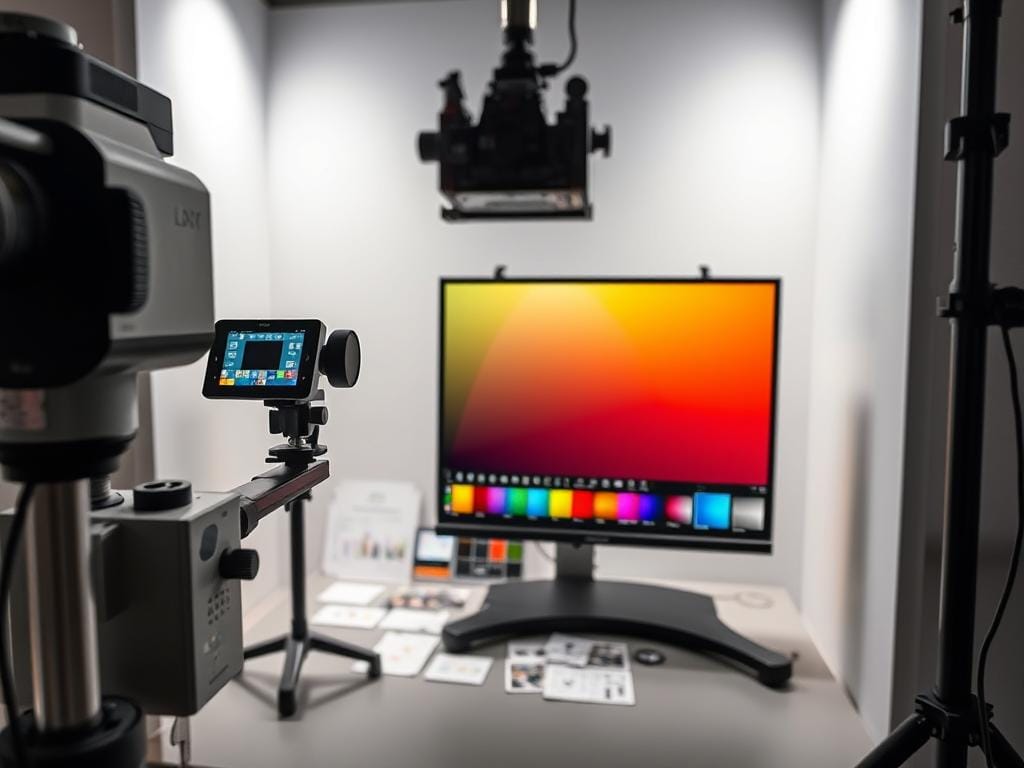 A precise and well-calibrated color accuracy testing setup, illuminated by a balanced array of soft, directional lighting. The foreground features a professional-grade colorimeter and spectrophotometer, meticulously positioned to capture accurate color data from the center of a high-resolution, color-calibrated touch screen display. In the middle ground, a collection of color reference cards and test patterns, carefully arranged to facilitate comprehensive analysis. The background subtly fades into a neutral, minimalist environment, allowing the technical equipment to take center stage and showcase its purpose - elevating the digital experience through rigorous performance testing.