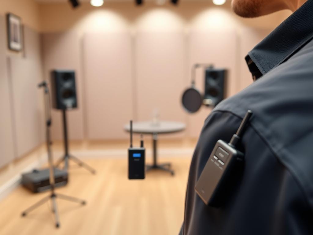 A professional studio setup featuring a lavalier microphone system with a wireless transmitter and receiver. The foreground showcases the miniature microphone clipped onto a shirt, while the middle ground displays the compact transmitter and receiver units. The background is a softly lit recording studio, with neutral-toned walls and subtle ambient lighting that creates a warm, professional atmosphere. The overall composition emphasizes the portability, versatility, and high-quality audio capture capabilities of this wireless lavalier microphone system, ideal for hands-free use in a variety of settings.