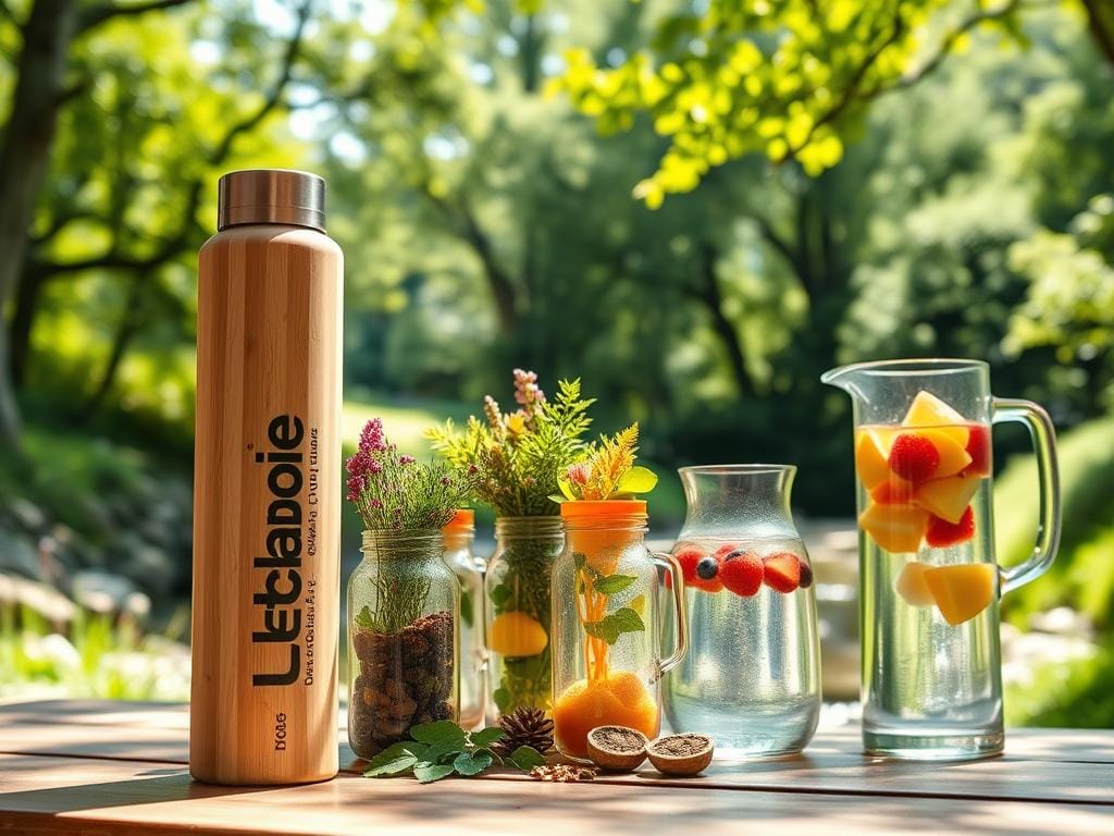 A serene, sun-dappled scene showcasing a collection of eco-friendly hydration materials. In the foreground, a sleek, reusable water bottle made from sustainable bamboo with a minimalist design, reflecting the surrounding natural elements. In the middle ground, a variety of vibrant, plant-based water infusers and fruit-infused water pitchers, their transparent vessels allowing the vivid colors to shine through. In the background, a lush, verdant landscape with towering, leafy trees and a clear, glistening stream, evoking a sense of refreshing, eco-conscious living. The lighting is soft and natural, creating a warm, inviting atmosphere. The overall composition highlights the harmony between the organic materials and the tranquil, environmentally-conscious setting.