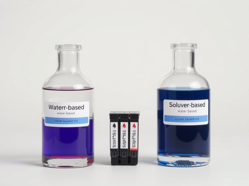 A side-by-side comparison of water-based and solvent-based ink samples, showcased against a clean, minimalist background. In the foreground, two transparent glass bottles filled with the respective ink types, their contents glistening under soft, directional lighting. In the middle ground, two small, neatly arranged ink cartridges, one with a water-based label and the other with a solvent-based label, highlighting the physical differences. The background is a serene, muted palette, allowing the inks and their containers to take center stage. The overall composition emphasizes the technical details and visual contrast between these two distinct ink formulations, creating a visually compelling and informative image.