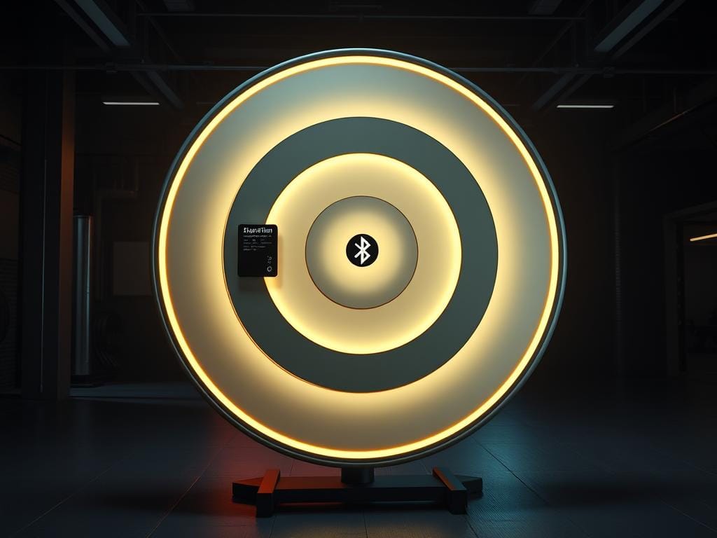 A sleek, Bluetooth-enabled boxing target system stands in a dimly lit, high-tech gym. The target is a large, circular device mounted on a sturdy stand, its surface glowing with a soft, ambient light. Sensors and connectivity modules are seamlessly integrated into the device's design, creating a streamlined, modern aesthetic. The target's surface is responsive to impacts, registering and transmitting data to a connected device, allowing the user to track their workout progress and performance. Ambient lighting casts a warm, focused glow on the target, highlighting its advanced capabilities and creating an immersive, futuristic atmosphere. The scene conveys a sense of innovation and technological integration, perfectly reflecting the "Advanced Bluetooth Connectivity & Intelligent Sensing" section of the article.