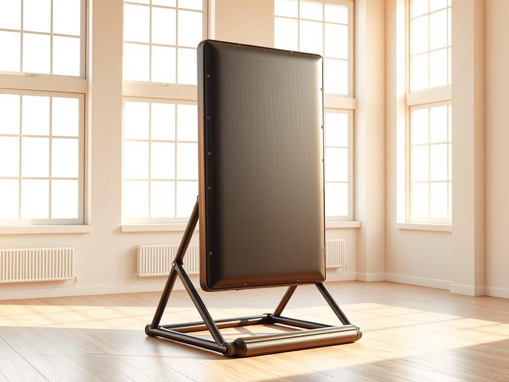 A sleek, adjustable speed boxing target stands proudly in a well-lit, minimalist studio. The target's sturdy, modular design allows for customizable height and angle, enabling a personalized training experience. Soft, impact-absorbing materials line the target's surface, ensuring a safe and comfortable workout. Warm, natural lighting from large windows bathes the scene, creating a serene, motivating atmosphere. The target's smooth, matte finish reflects the modern, high-quality construction, perfectly complementing the clean, uncluttered space. This innovative, versatile piece of equipment is the centerpiece of an immersive, state-of-the-art smart music boxing machine, elevating the user's workout to new heights.