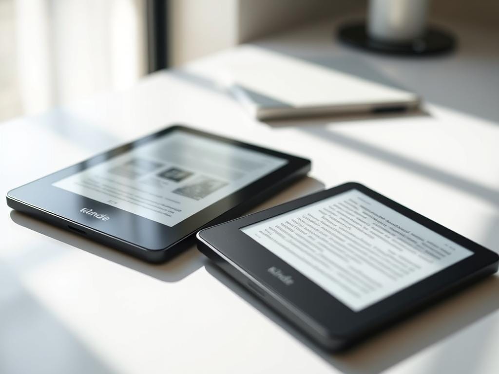 A sleek and modern Amazon Kindle 2024 device rests on a minimalist desk, its crisp and vibrant display illuminated by natural light pouring in from a nearby window. The device's streamlined profile and matte black chassis evoke a sense of sophistication, while the high-resolution screen showcases digital content with exceptional clarity and detail. In the foreground, the Kindle's intuitive touch interface and responsive controls are prominently featured, inviting the viewer to imagine the seamless reading experience. The background is subtly blurred, creating a sense of focus and emphasizing the Kindle's role as the central subject. The overall mood is one of refined elegance and technological innovation, perfectly complementing the "Deep Dive: Amazon Kindle (2024) Review" section of the article.