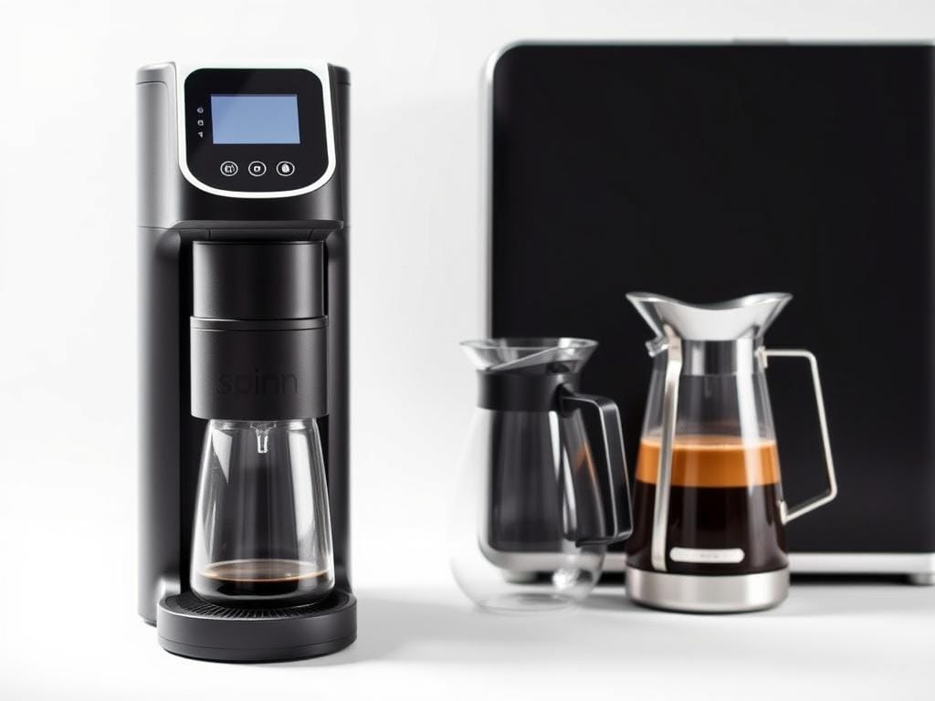 A sleek and modern Spinn Coffee Maker Pro set against a minimalist white background. The machine features a streamlined, cylindrical design with a matte black finish, accented by silver trim. The front panel displays a clean, intuitive digital interface with touch controls. In the foreground, the machine's conical burr grinder is prominently featured, its stainless steel blades glistening under soft, directional lighting. The carafe, with its elegant glass vessel and metal accents, is positioned next to the machine, showcasing the high-quality brew it produces. The overall scene exudes a sense of sophistication and precision, reflecting the advanced capabilities of the Spinn Coffee Maker Pro.