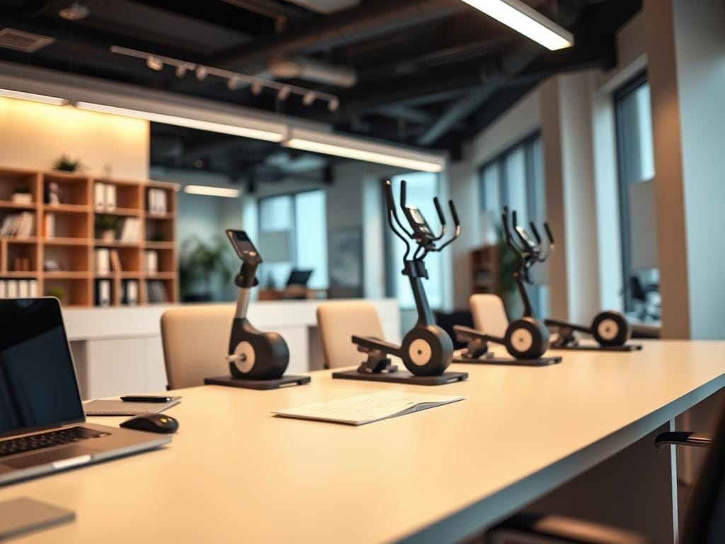 A sleek and modern office space with a well-organized desk featuring an array of top-of-the-line under-desk elliptical models for 2025. The ellipticals are placed strategically on the desk, showcasing their minimalist design and seamless integration with the workspace. The lighting is soft and warm, creating a productive and inviting atmosphere. The camera angle captures the ellipticals from a low perspective, emphasizing their compact size and discreet nature. The background is slightly blurred, drawing the viewer's attention to the focal point of the image - the innovative fitness solutions for the modern professional.