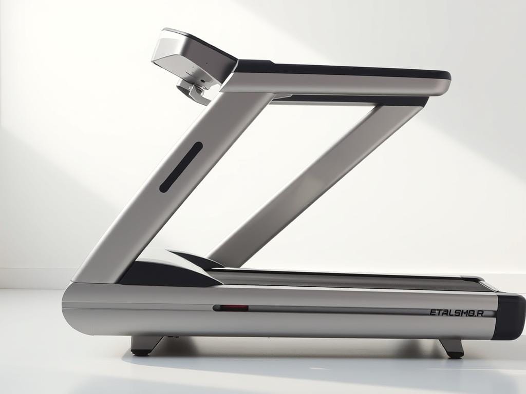 A sleek and modern treadmill set against a bright, airy backdrop. The machine's incline and decline range is prominently displayed, with its mechanisms and panels visible in crisp detail. The frame is constructed from sturdy, brushed aluminum, conveying a sense of durability and high-quality engineering. Soft, diffused lighting illuminates the scene, creating a clean and inviting atmosphere. The treadmill's display panel is clearly visible, showcasing its intuitive controls and advanced features. The overall composition emphasizes the treadmill's innovative incline and decline capabilities, highlighting its versatility and potential to enhance the user's fitness experience.
