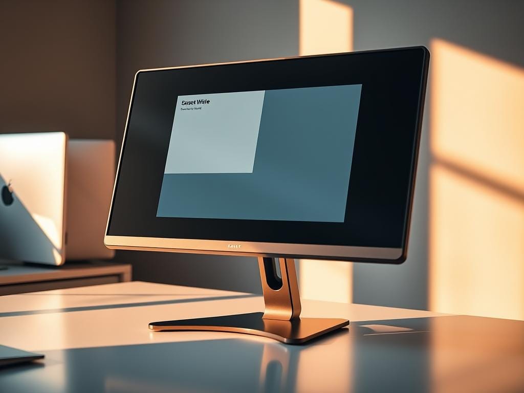 A sleek, customizable touchscreen monitor showcases a user-friendly interface with personalized shortcut buttons. The device rests on a sturdy, adjustable stand, bathed in warm, natural lighting that highlights its premium design. The screen displays a minimalist layout, allowing the user to easily configure shortcuts for commonly used functions, optimizing their digital workflow. Smooth, reflective surfaces and subtle shadows create a sense of depth and high-end sophistication. The entire scene conveys a professional, productivity-focused atmosphere, inviting the user to seamlessly integrate the monitor into their workspace.