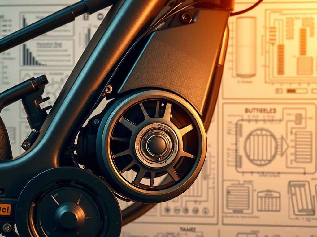 A sleek electric bike motor nestled within the frame, its brushless design humming with power. The lithium-ion battery pack, precisely integrated, providing ample range and responsiveness. Detailed engineering schematics in the background, highlighting the intricate components and efficient energy flow. Warm lighting accentuates the metallic finishes, conveying a sense of advanced technology and innovation. The composition captures the essence of an electric bike's propulsion system, showcasing Yamaha's commitment to cutting-edge mobility solutions.