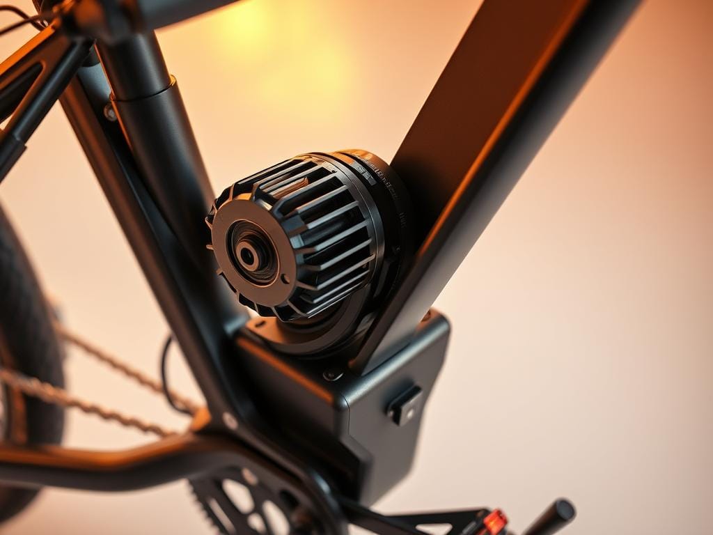 A sleek, high-performance electric bike motor nestled in a modern, minimalist design. The brushless DC motor sits atop a compact, lightweight lithium-ion battery pack, seamlessly integrated into the frame's clean lines. The assembly is captured in a well-lit, high-contrast setting, showcasing the intricate engineering and attention to detail. Smooth, metallic surfaces reflect the warm, ambient lighting, creating a sense of technological sophistication. The camera angle emphasizes the motor's efficient form and the battery's streamlined integration, hinting at the power and efficiency of Yamaha's ebike technology.