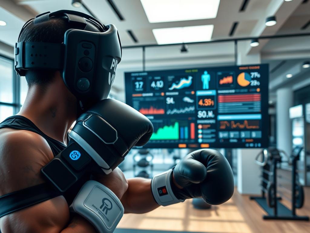 A sleek, high-tech boxing feedback system in a modern fitness studio. The foreground features a boxer wearing smart gloves and headgear, their movements tracked by a network of motion sensors. In the middle ground, a large display shows real-time feedback, metrics, and training insights. The background showcases a minimalist gym interior with clean lines, natural lighting, and state-of-the-art exercise equipment. The overall atmosphere is one of focused intensity, efficiency, and cutting-edge technology elevating the workout experience.