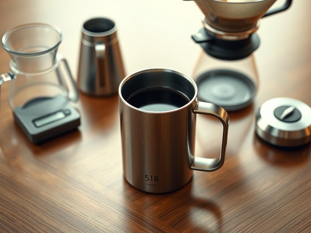 A sleek, minimalist coffee mug sits on a wooden table, its gleaming surface reflecting the warm, diffused lighting. The mug's interface displays a precise temperature reading, indicating the perfect brewing conditions for optimal flavor extraction. Surrounding the mug, various coffee-making accoutrements - a pour-over dripper, a small digital scale, and a timer - create a harmonious composition, suggesting the dedication and attention to detail required for the perfect cup of coffee. The overall scene conveys a sense of calm, focused expertise, inviting the viewer to savor the delicate nuances of the coffee's flavor, made possible by the mug's precise temperature control.