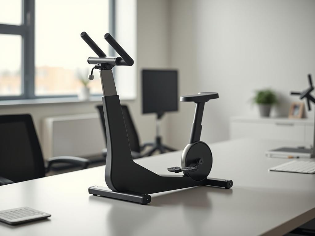 A sleek, minimalist desk fitness machine occupies the center of the frame, its streamlined design and discrete profile blending seamlessly into the modern office environment. The machine's key features, such as adjustable resistance levels, pedal motion, and ergonomic footpads, are visible in crisp detail, captured under soft, diffused lighting that accentuates the clean lines and matte finishes. The surrounding desk and office setting provide a clean, uncluttered backdrop, allowing the machine's functionality and seamless integration to be the focal point. The overall mood is one of efficiency, productivity, and a discreet approach to maintaining a healthy, active lifestyle within the confines of the workday.