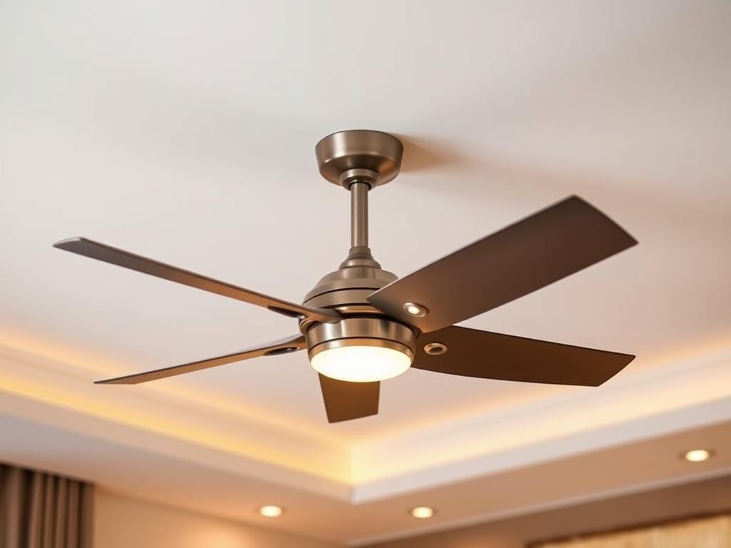 A sleek, modern ceiling fan elegantly suspended from the ceiling, its blades slowly rotating. Integrated LED lights emit a warm, ambient glow, illuminating the room with a cozy atmosphere. The fan's housing is crafted from high-quality materials, seamlessly blending form and function. Discreet Wi-Fi connectivity allows for remote control and smart home integration, enabling effortless adjustments to airflow and lighting. Perfectly balanced for silent, efficient operation, this ceiling fan epitomizes the intersection of advanced technology and thoughtful design, enhancing the overall ambiance of the space.