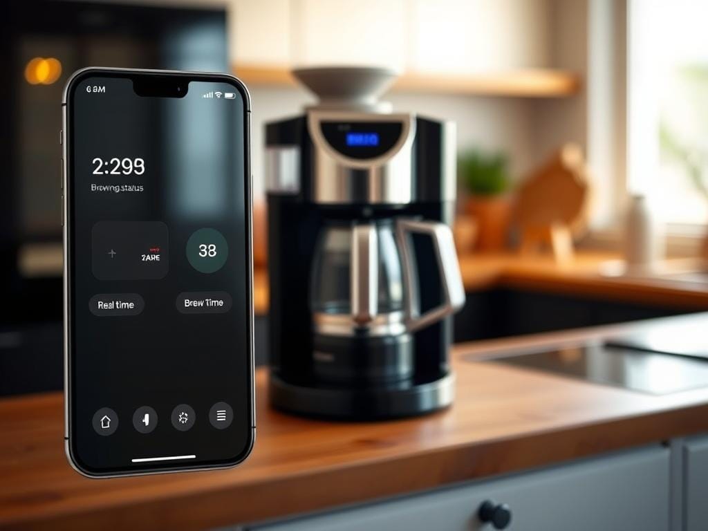 A sleek, modern coffee maker app interface with a clean, intuitive design. The foreground features a minimalist display showing real-time brewing status, temperature, and brew time. The middle ground showcases a visually striking 3D model of the connected coffee maker, highlighting its seamless integration with the app. The background subtly blends into a warm, inviting ambiance with soft lighting and a blurred, cozy kitchen setting. The overall aesthetic conveys a sense of effortless control and elevated coffee experience, reflecting the theme of "How Connectivity Transforms Your Coffee Routine".